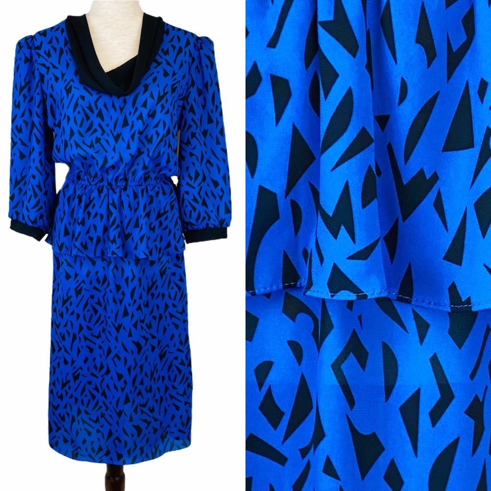 VINTAGE Geo Print Peplum Secretary Dress